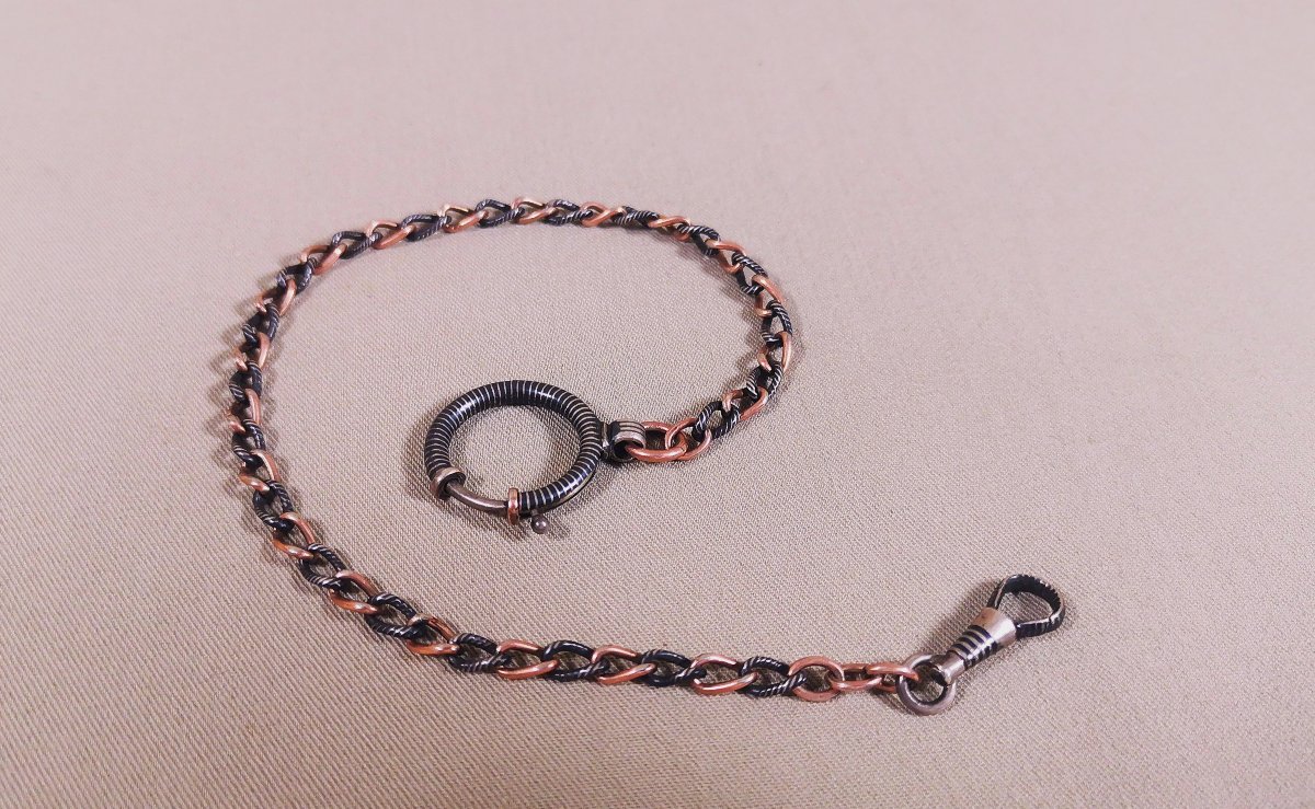 19th-century Pocket Watch Or Necklace Chain In Nielloed Silver And Vermeil-photo-1