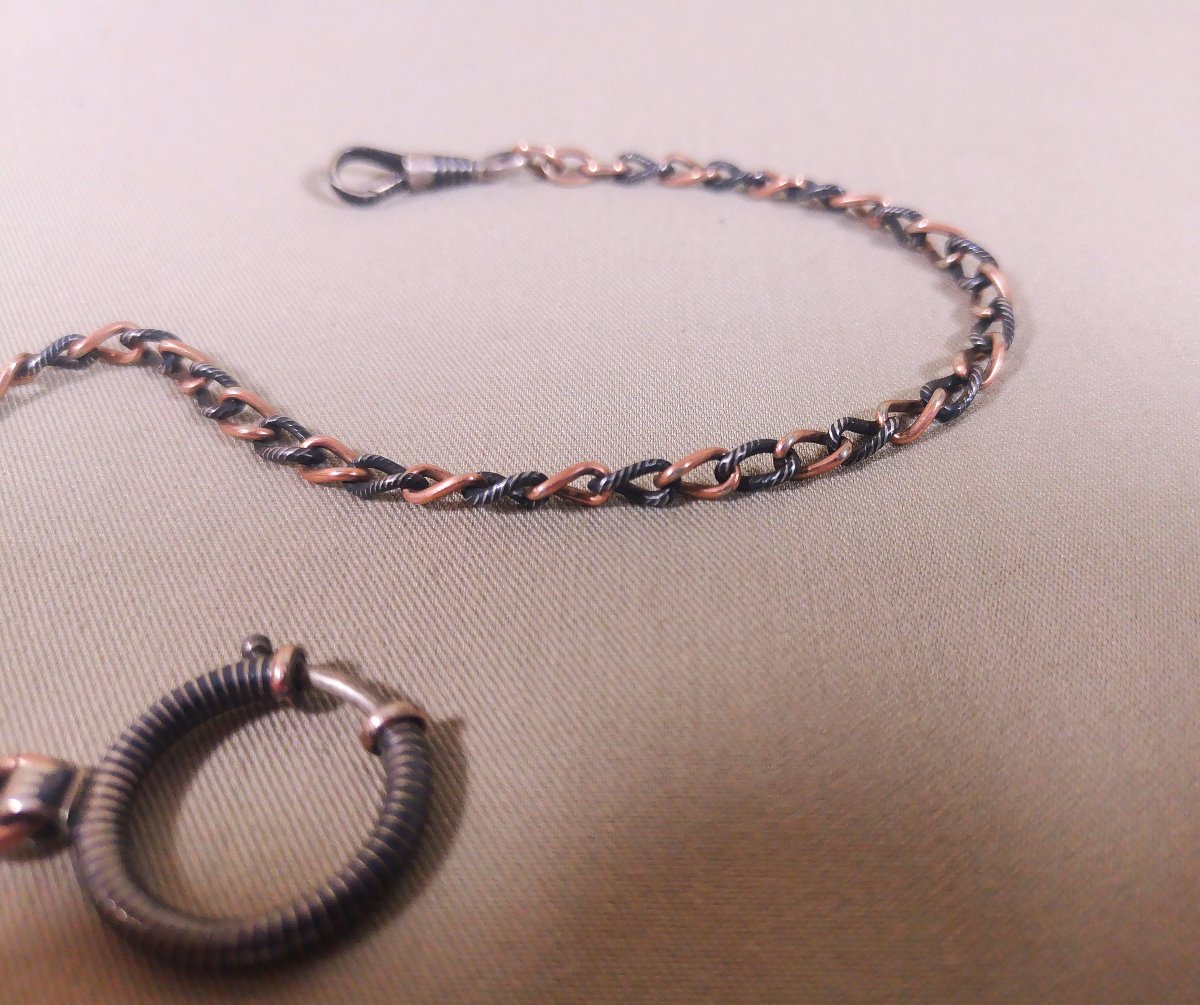 19th-century Pocket Watch Or Necklace Chain In Nielloed Silver And Vermeil-photo-2