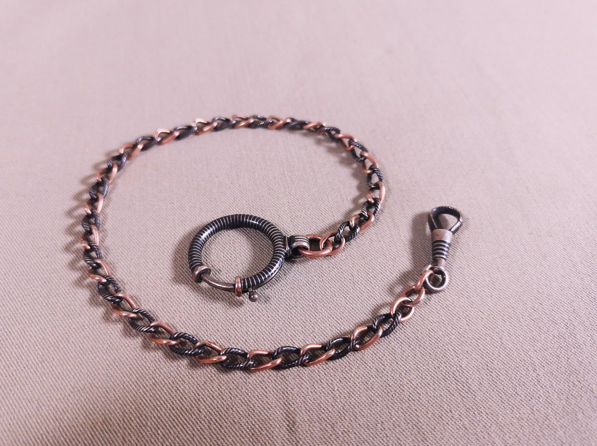 19th-century Pocket Watch Or Necklace Chain In Nielloed Silver And Vermeil-photo-3