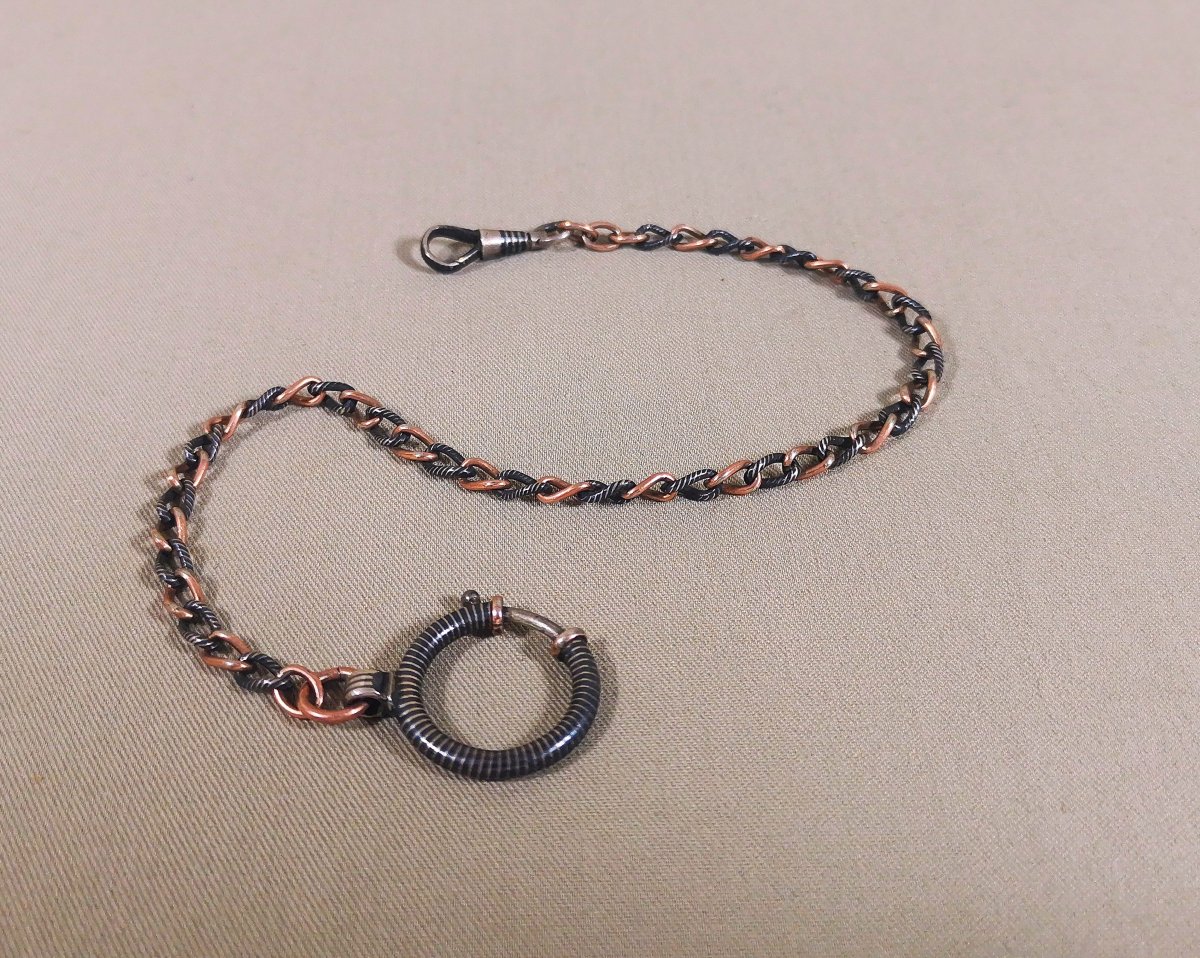 19th-century Pocket Watch Or Necklace Chain In Nielloed Silver And Vermeil