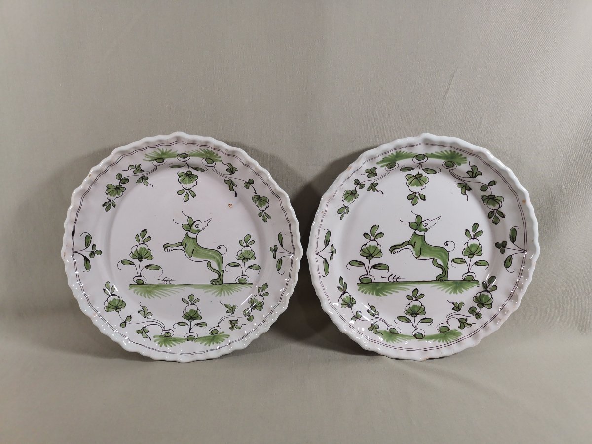 Paire Assiette  XVIIIe, Faience de Bordeaux, Décor "à la levrette" Camaïeu de vert & Manganèse-photo-5