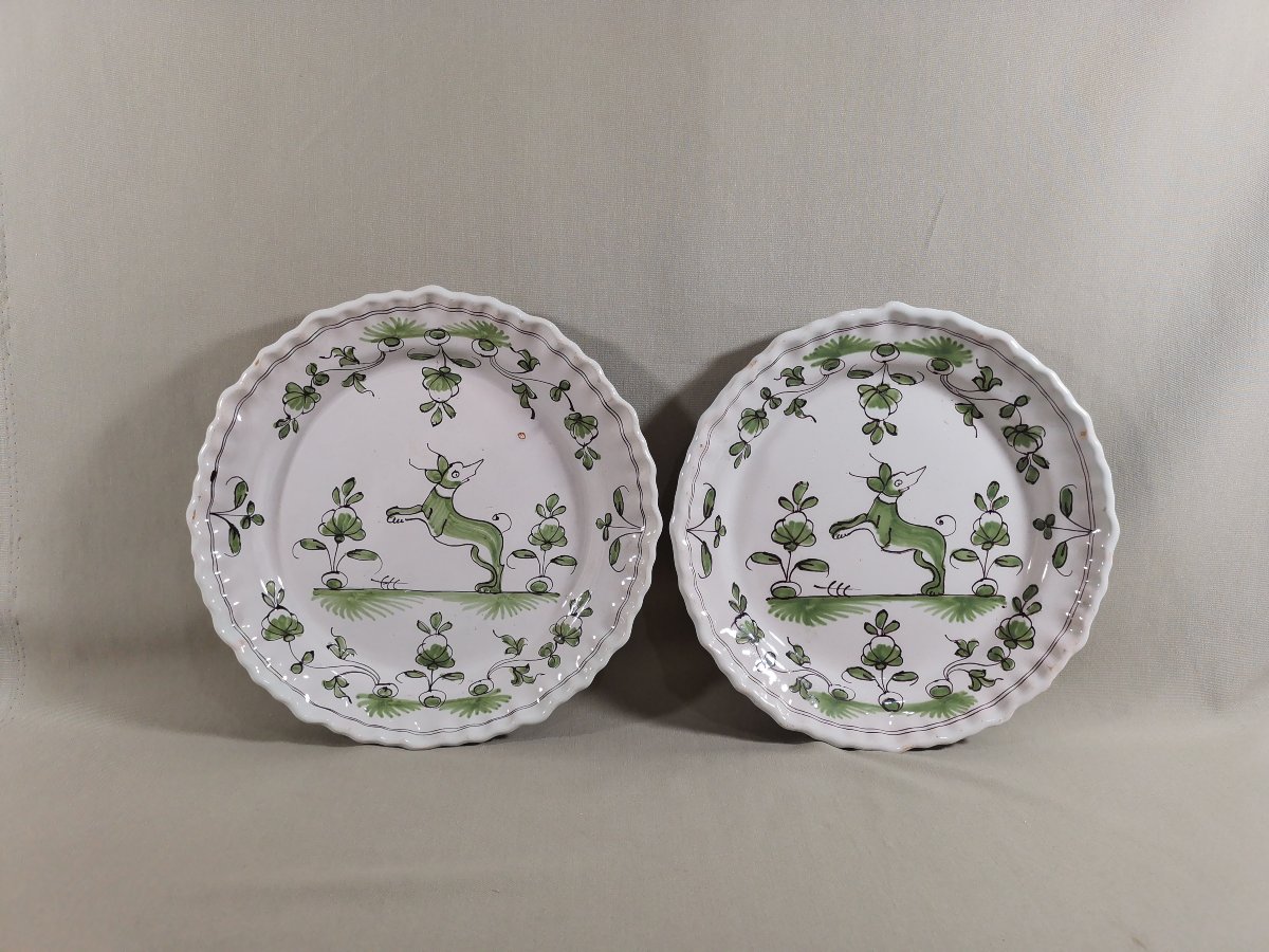 Paire Assiette  XVIIIe, Faience de Bordeaux, Décor "à la levrette" Camaïeu de vert & Manganèse-photo-6