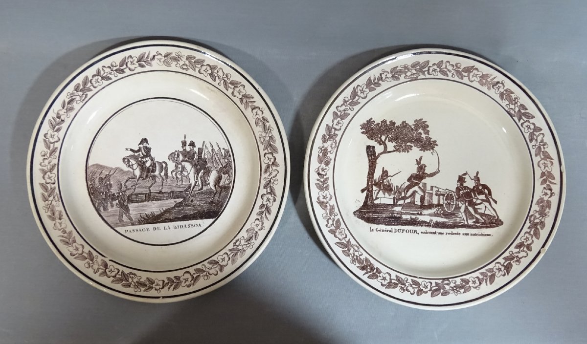 Creil début XIXe, 2 Assiettes Napoleon Bonaparte, Passage de la Bidassoa,  Le Général Dufour-photo-4