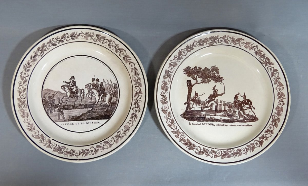 Creil début XIXe, 2 Assiettes Napoleon Bonaparte, Passage de la Bidassoa,  Le Général Dufour-photo-2