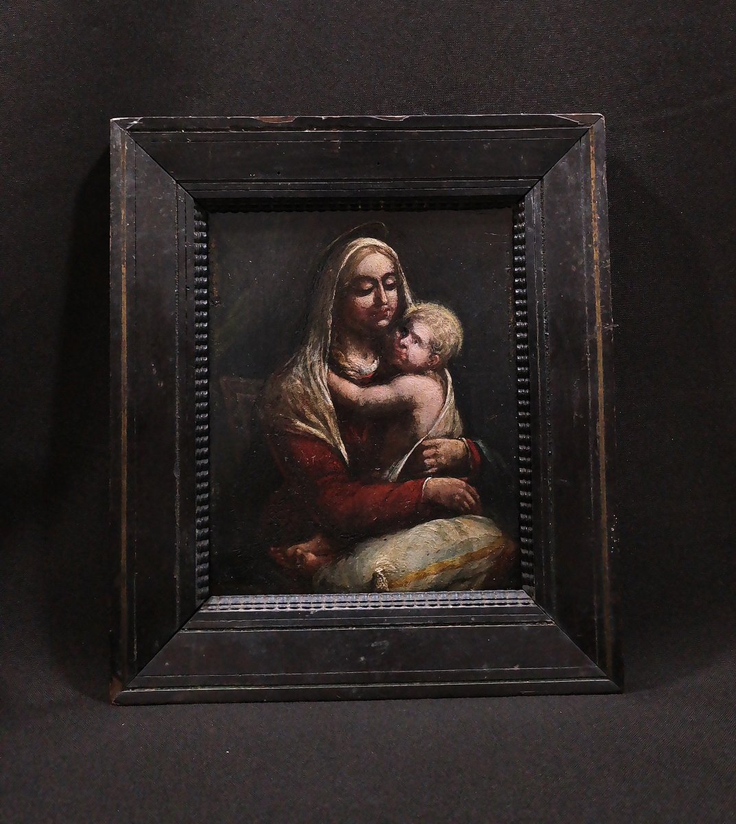 Virgin And Child, 16th–17th-century Oil On Panel, With Illegible Annotations On The Back-photo-1