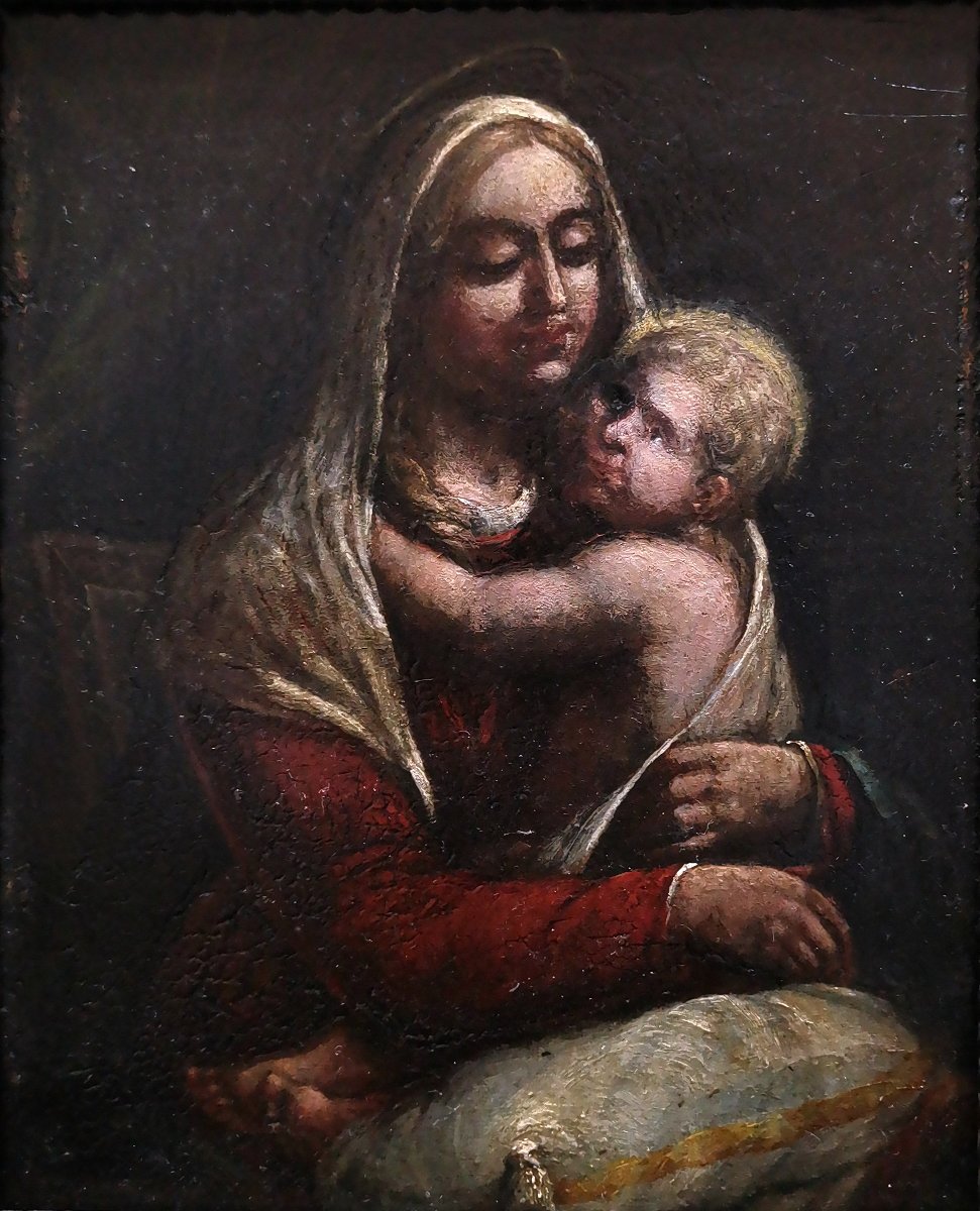 Virgin And Child, 16th–17th-century Oil On Panel, With Illegible Annotations On The Back-photo-2