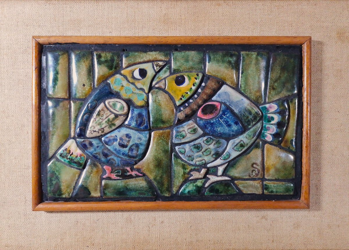 Bas Relief Moderniste Vintage aux Oiseaux , Assemblages de Céramiques Dédiées, Vers 1950-photo-2
