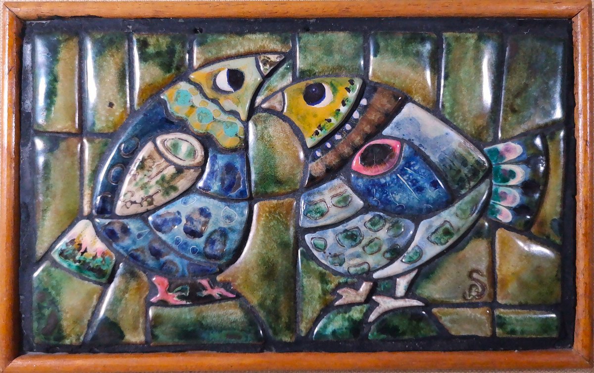 Bas Relief Moderniste Vintage aux Oiseaux , Assemblages de Céramiques Dédiées, Vers 1950-photo-3