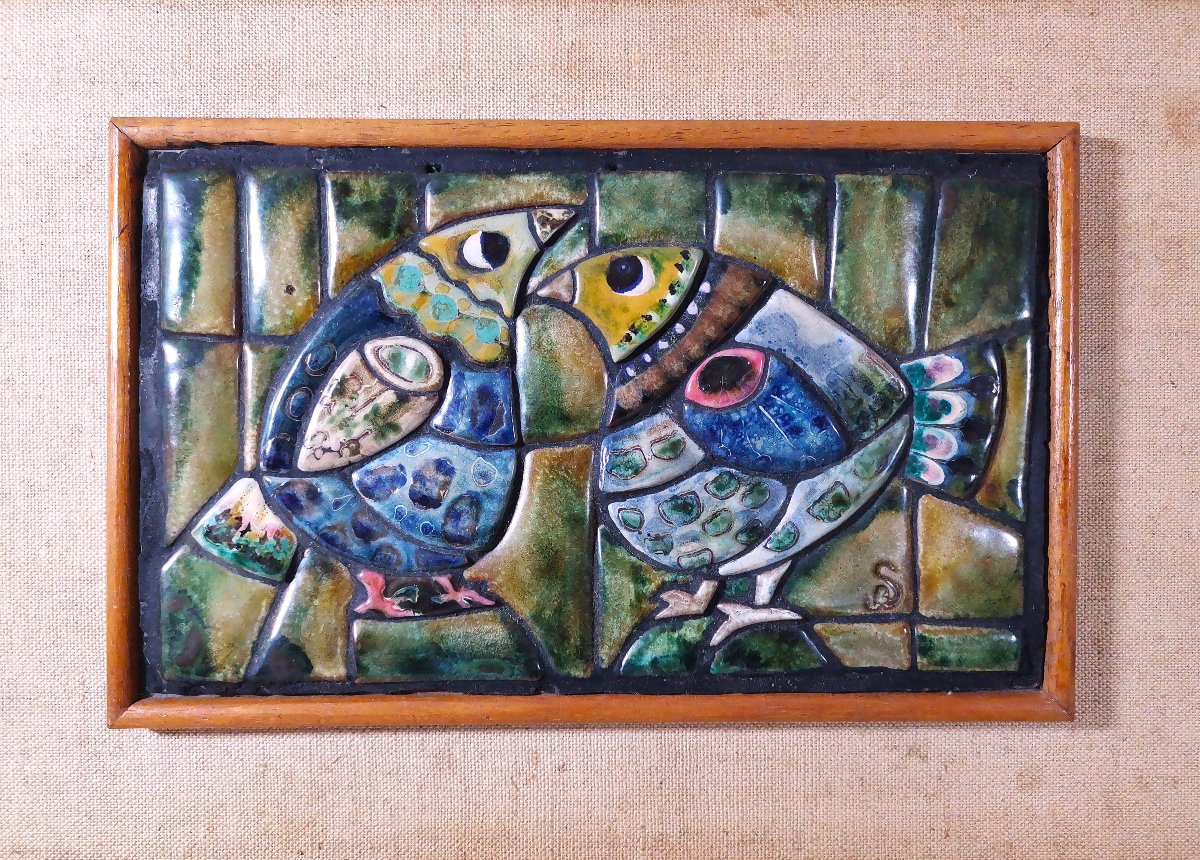 Bas Relief Moderniste Vintage aux Oiseaux , Assemblages de Céramiques Dédiées, Vers 1950-photo-4