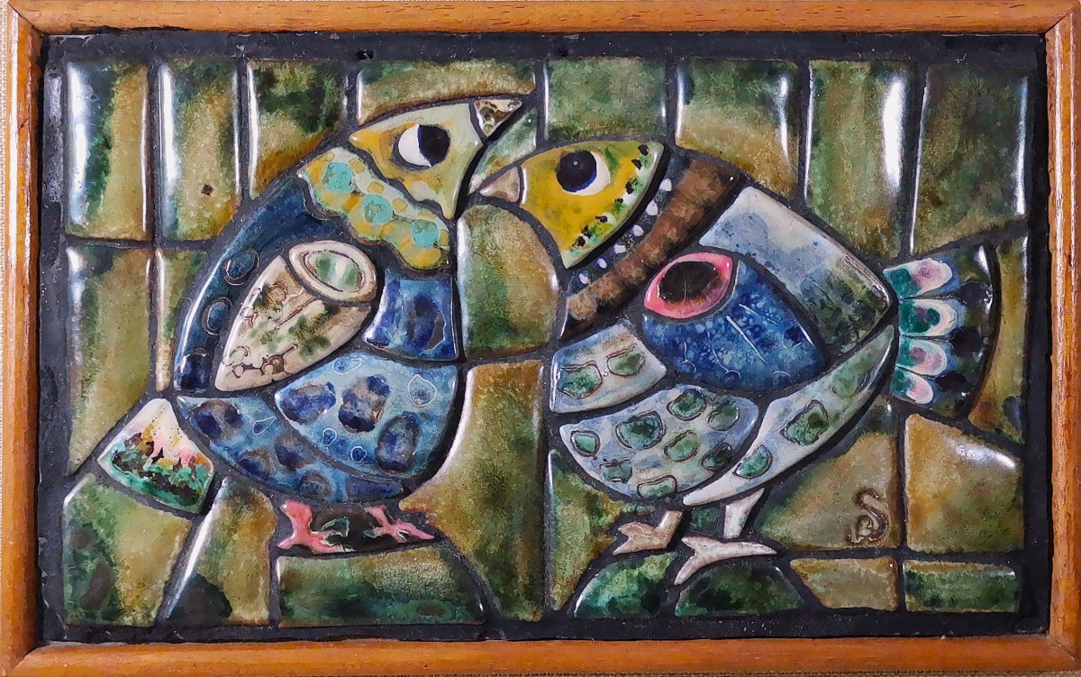 Bas Relief Moderniste Vintage aux Oiseaux , Assemblages de Céramiques Dédiées, Vers 1950