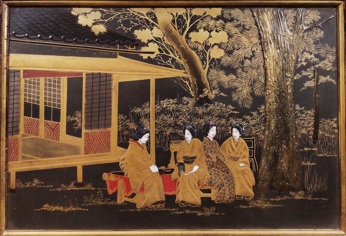 Laque du Japon, Ere Meiji Groupe de quatre Geisha dans un Jardin Paysagé, Conversation Raffinée-photo-2