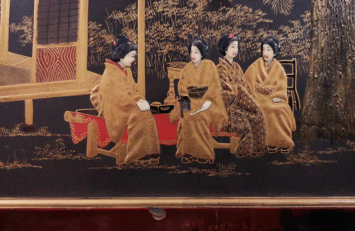 Laque du Japon, Ere Meiji Groupe de quatre Geisha dans un Jardin Paysagé, Conversation Raffinée-photo-4
