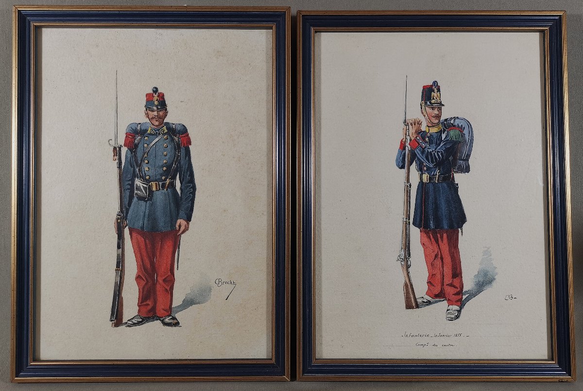Pair Of Military Watercolors, French Infantry Soldier, Second Empire, 1855, Signed-photo-2
