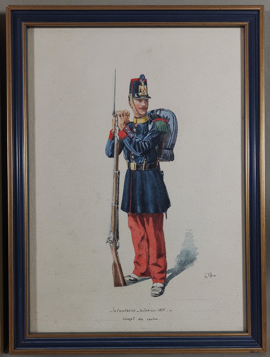 Pair Of Military Watercolors, French Infantry Soldier, Second Empire, 1855, Signed-photo-3