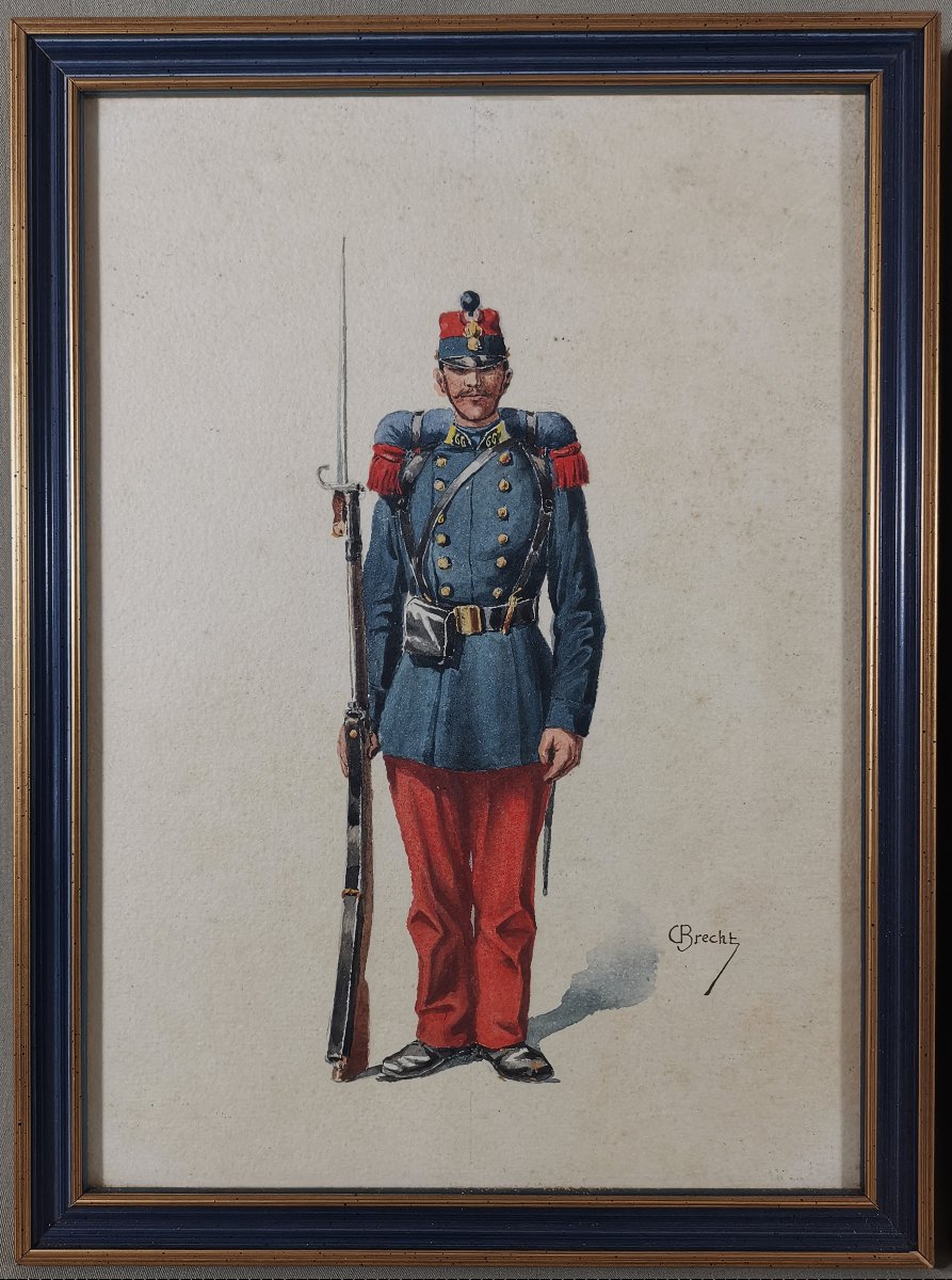 Pair Of Military Watercolors, French Infantry Soldier, Second Empire, 1855, Signed-photo-4