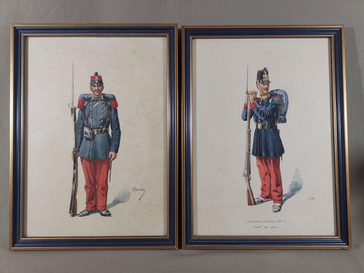 Pair Of Military Watercolors, French Infantry Soldier, Second Empire, 1855, Signed-photo-1