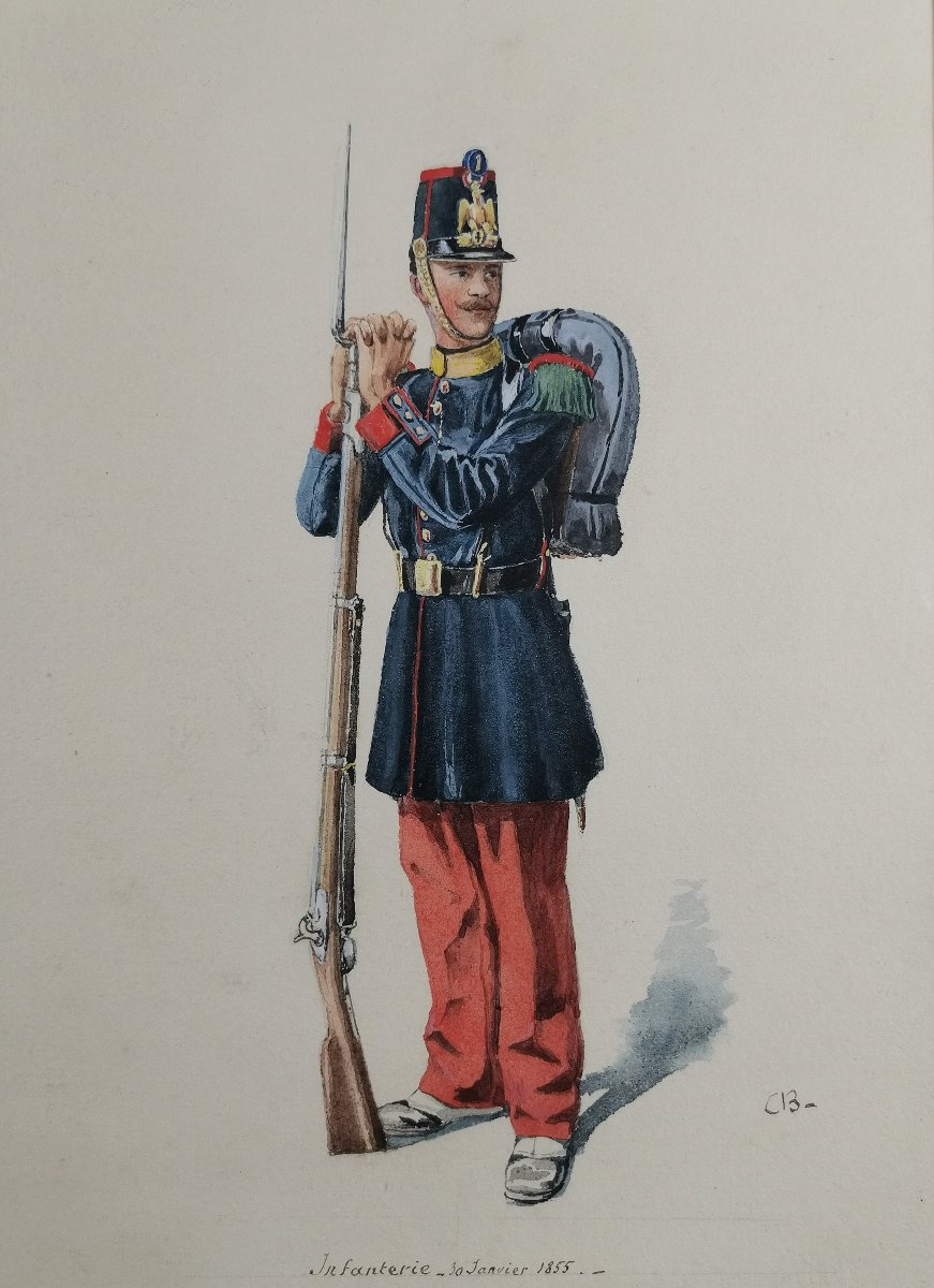 Pair Of Military Watercolors, French Infantry Soldier, Second Empire, 1855, Signed-photo-2
