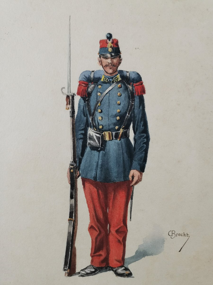 Pair Of Military Watercolors, French Infantry Soldier, Second Empire, 1855, Signed-photo-3
