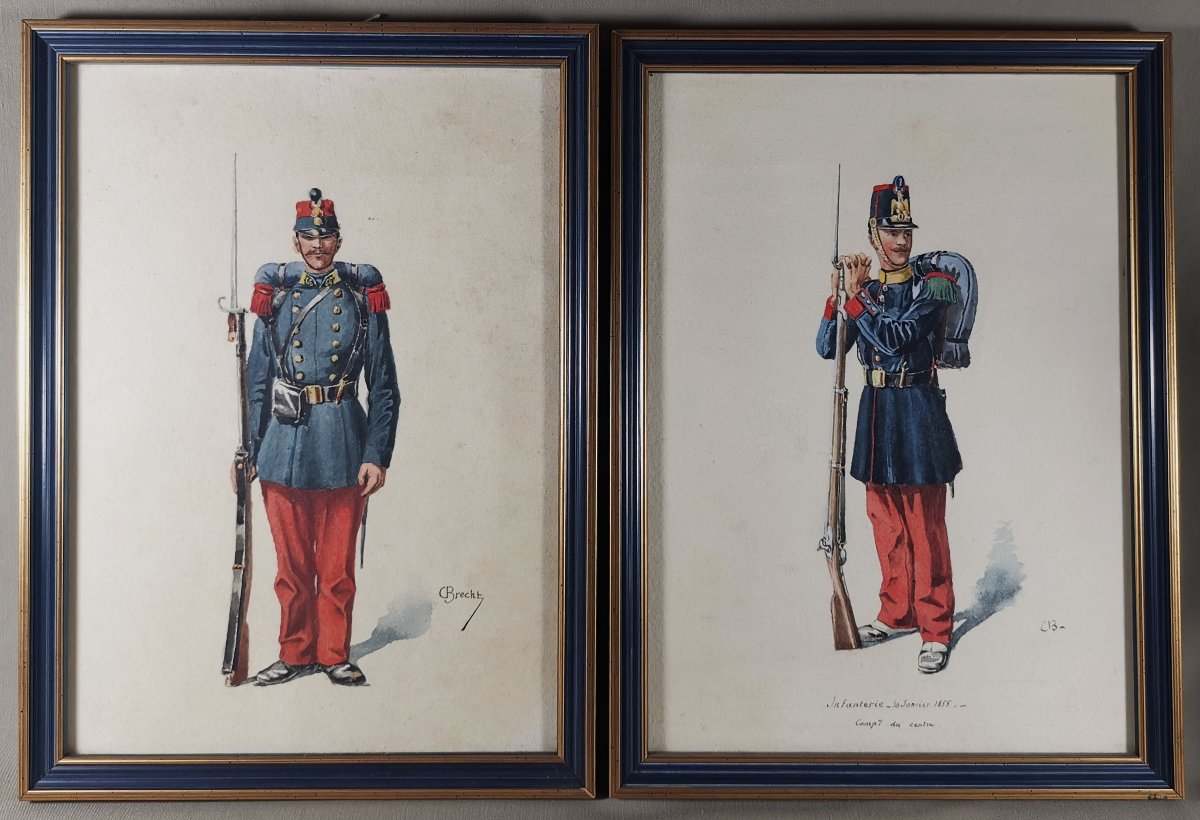 Pair Of Military Watercolors, French Infantry Soldier, Second Empire, 1855, Signed