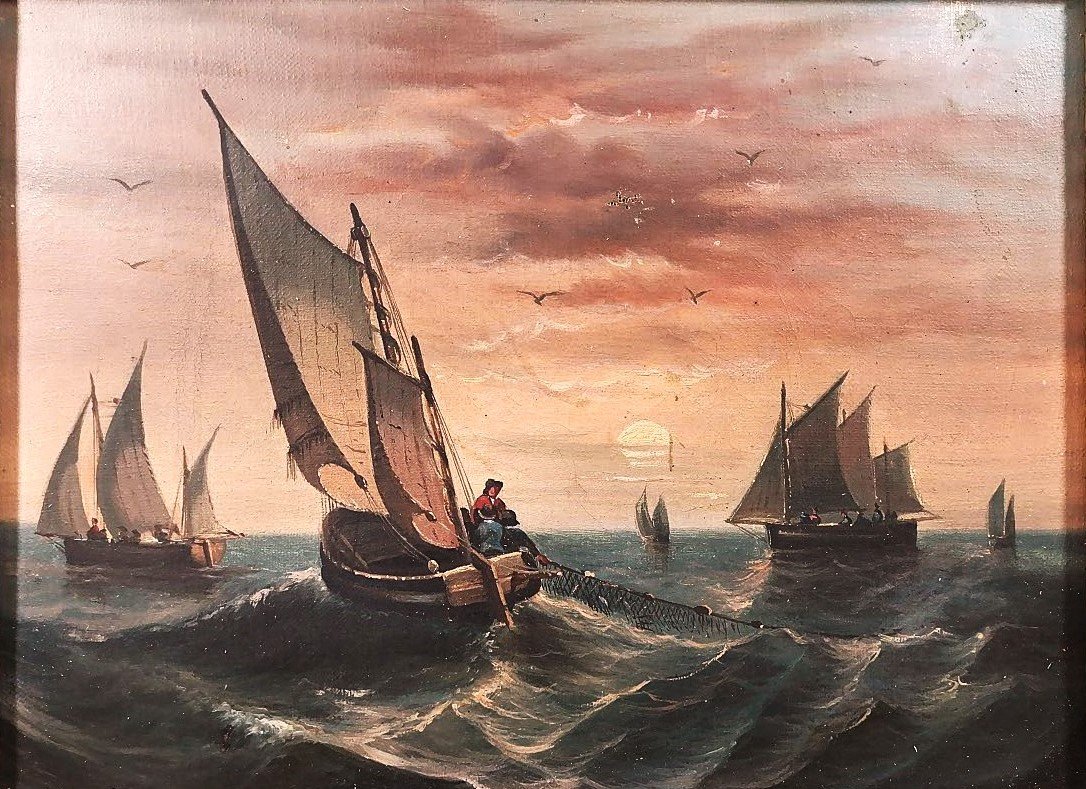 Peinture Marine Huile sur Toile du XIXe, Bateau de Pêche Voiliers Animés de Pêcheurs-photo-2