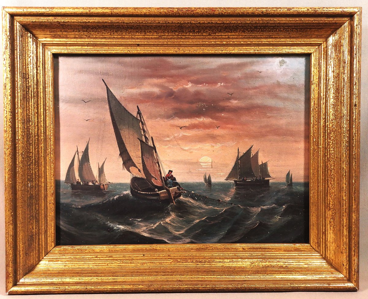Peinture Marine Huile sur Toile du XIXe, Bateau de Pêche Voiliers Animés de Pêcheurs-photo-3