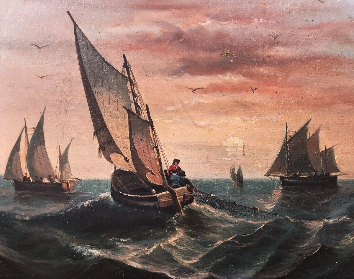 Peinture Marine Huile sur Toile du XIXe, Bateau de Pêche Voiliers Animés de Pêcheurs-photo-1