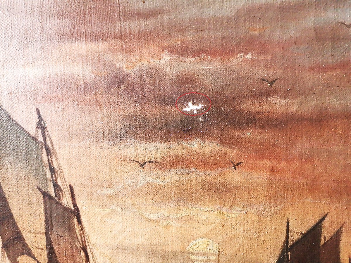Peinture Marine Huile sur Toile du XIXe, Bateau de Pêche Voiliers Animés de Pêcheurs-photo-3