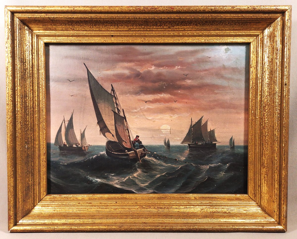 Peinture Marine Huile sur Toile du XIXe, Bateau de Pêche Voiliers Animés de Pêcheurs