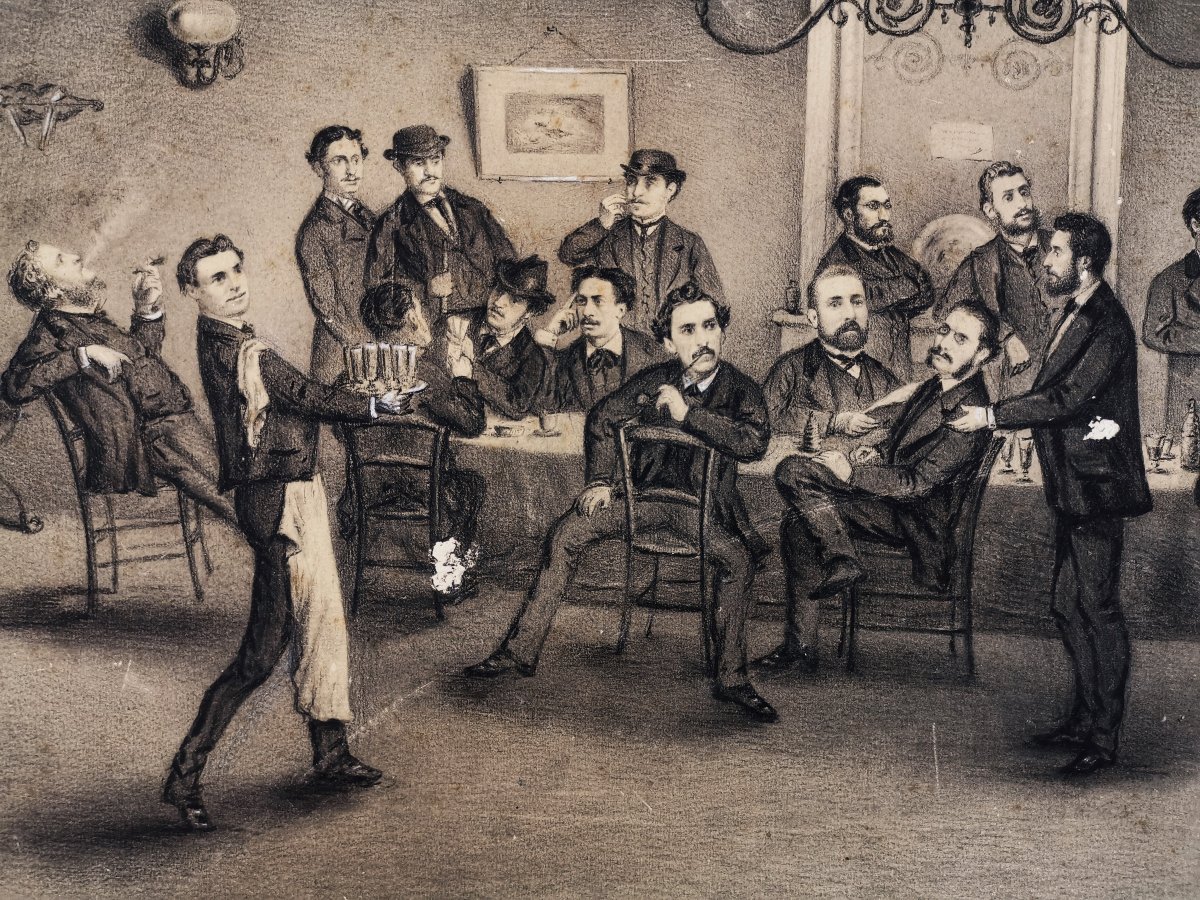 Toussaint Roussy, Charcoal Drawing, Group Of Male Figures, Progress Club, Sète, 1870-photo-2