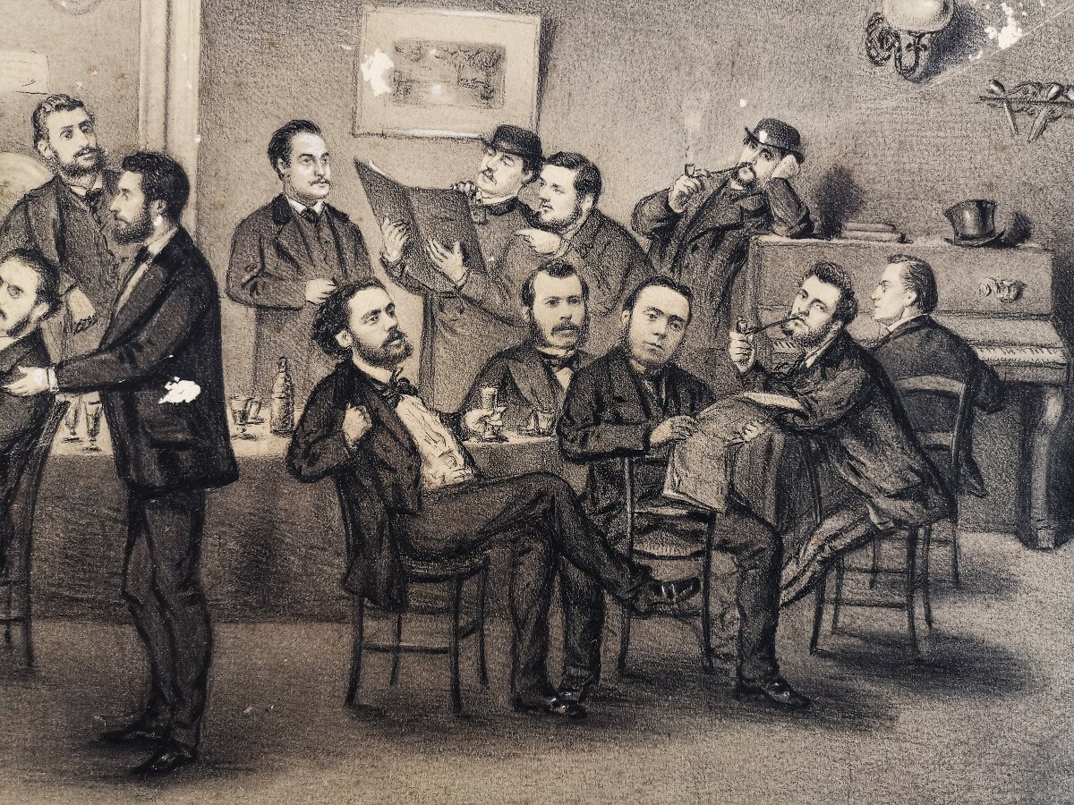Toussaint Roussy, Charcoal Drawing, Group Of Male Figures, Progress Club, Sète, 1870-photo-4
