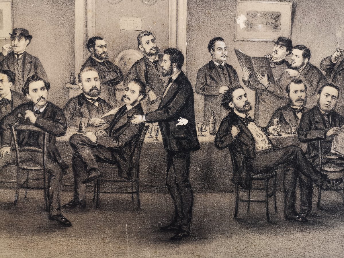Toussaint Roussy, Charcoal Drawing, Group Of Male Figures, Progress Club, Sète, 1870-photo-3
