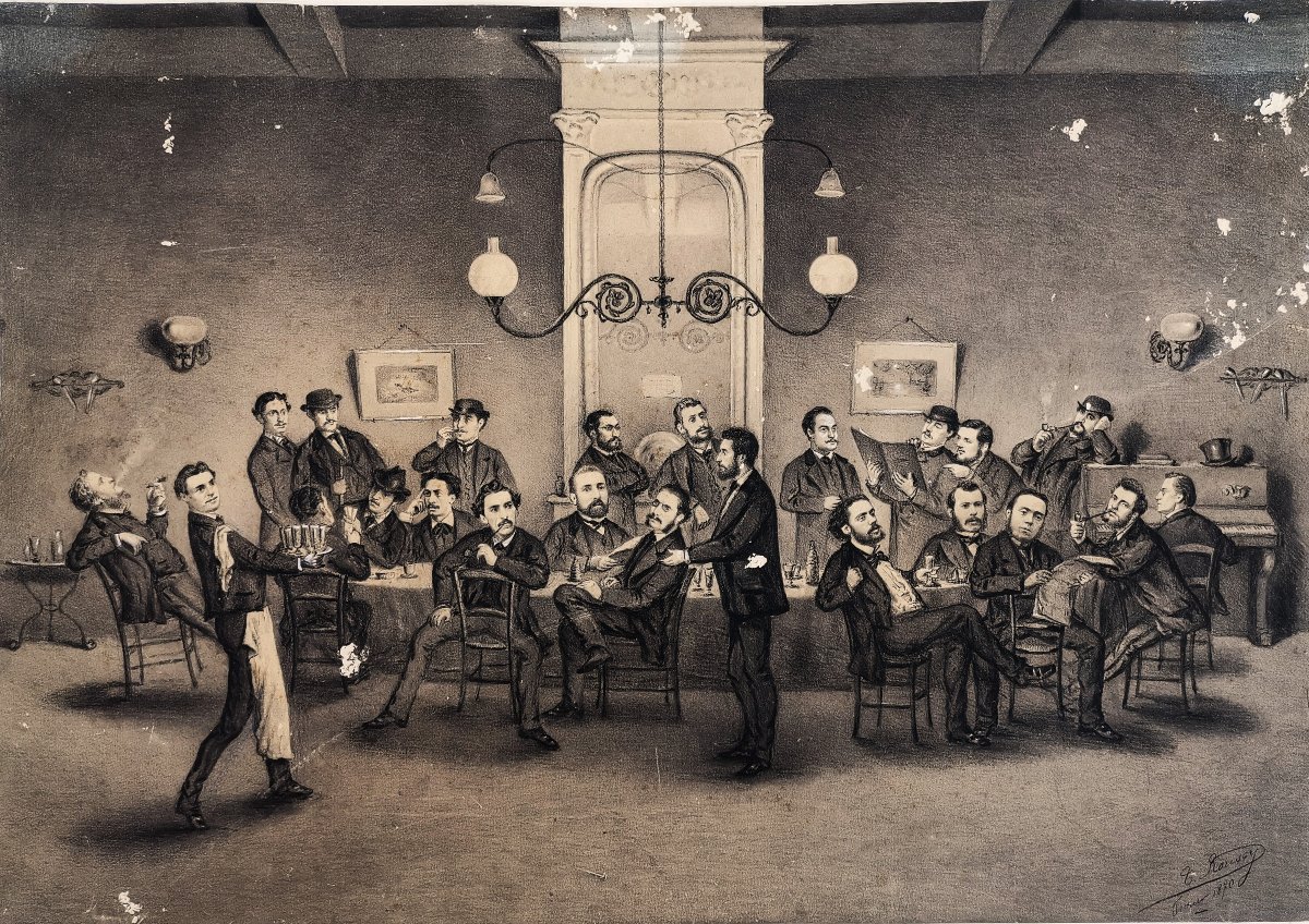 Toussaint Roussy, Charcoal Drawing, Group Of Male Figures, Progress Club, Sète, 1870