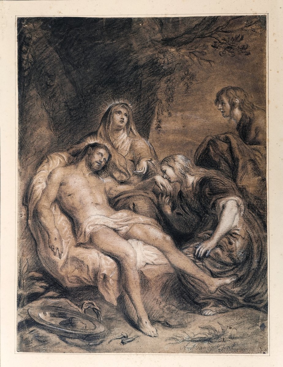 Dessin Ancien du XVII -XVIIIe " La Lamentation du Christ " portant la Signature  Anton Van Dyck-photo-3