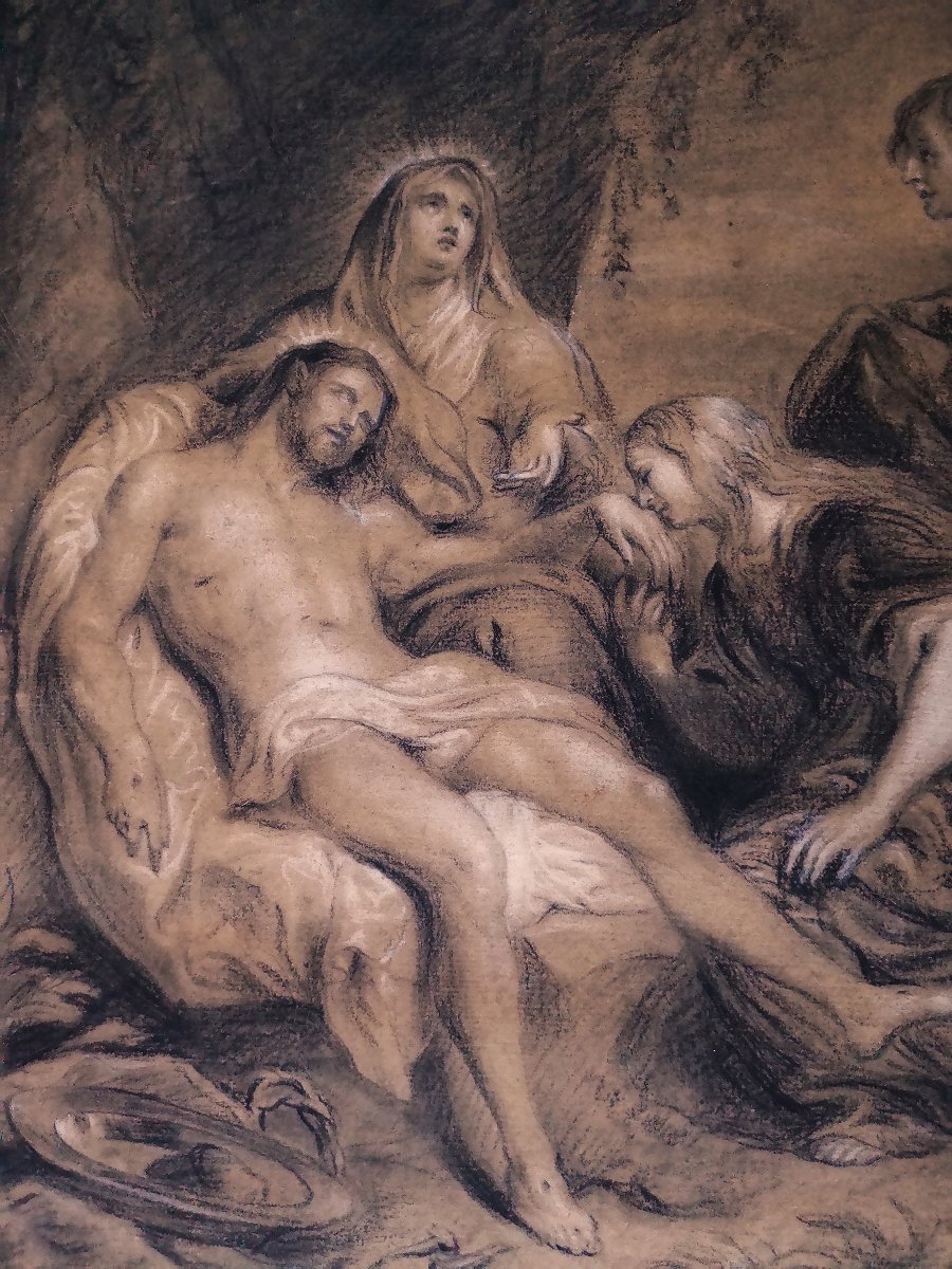 Dessin Ancien du XVII -XVIIIe " La Lamentation du Christ " portant la Signature  Anton Van Dyck-photo-1