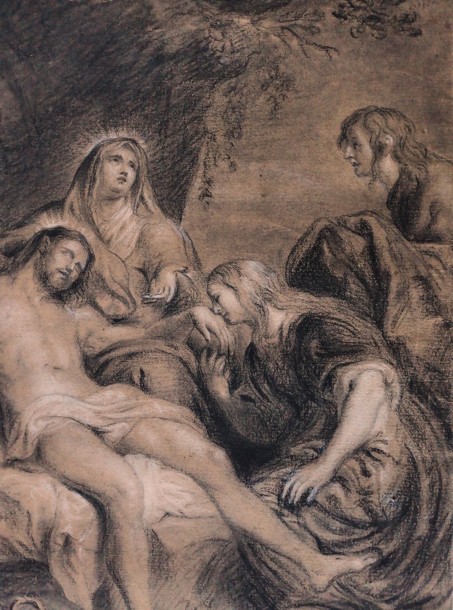 Dessin Ancien du XVII -XVIIIe " La Lamentation du Christ " portant la Signature  Anton Van Dyck-photo-2