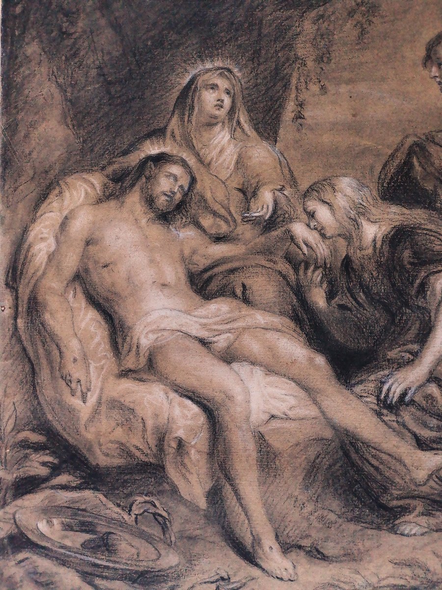 Dessin Ancien du XVII -XVIIIe " La Lamentation du Christ " portant la Signature  Anton Van Dyck-photo-5