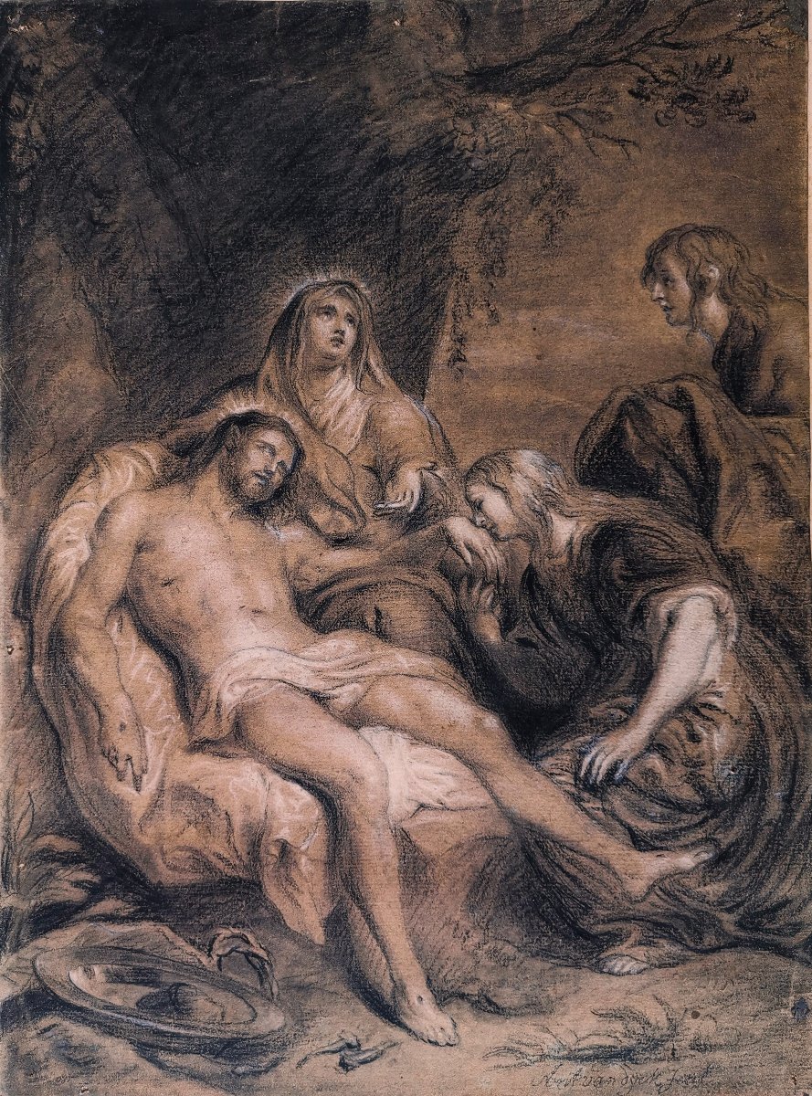 Dessin Ancien du XVII -XVIIIe " La Lamentation du Christ " portant la Signature  Anton Van Dyck