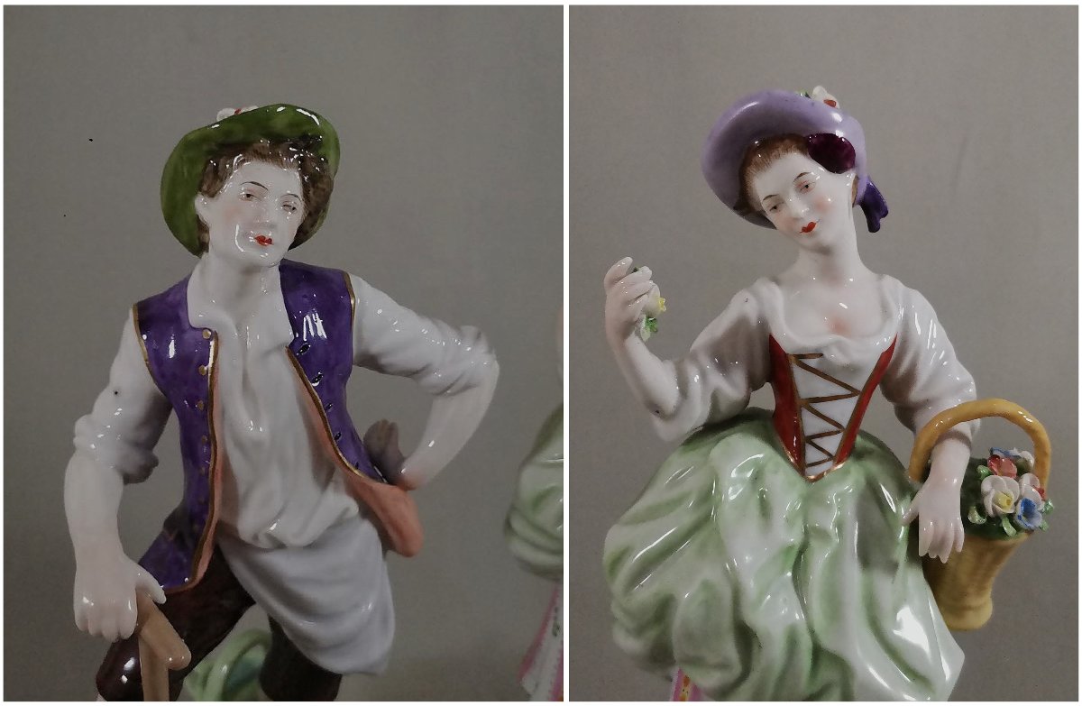 Couple de personnages Galants, Petite Jardinière, Porcelaine de Volkstedt  de  Rudolf Kammer-photo-6