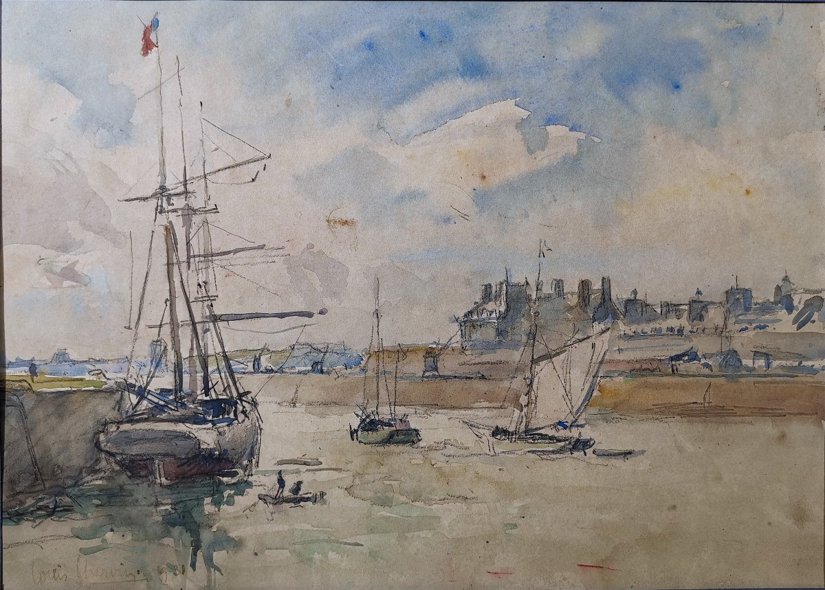 Aquarelle de Louis Chervin (1905-1969), Port Normand Animé de Bateaux et Personnages, Signée-photo-2