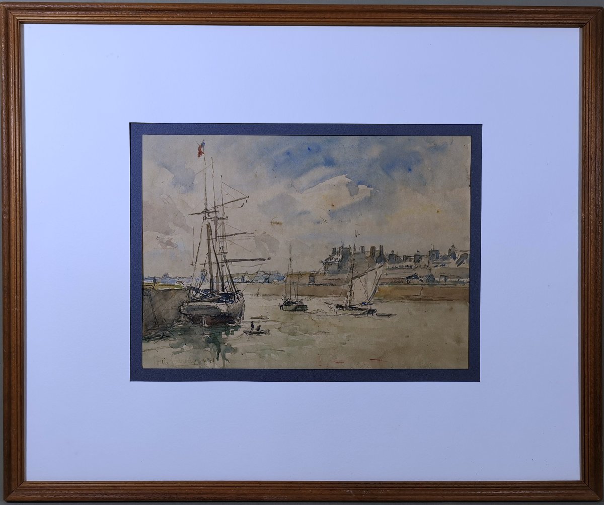 Aquarelle de Louis Chervin (1905-1969), Port Normand Animé de Bateaux et Personnages, Signée-photo-3