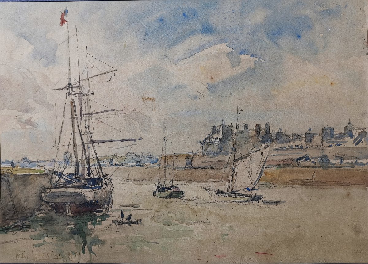 Aquarelle de Louis Chervin (1905-1969), Port Normand Animé de Bateaux et Personnages, Signée-photo-1