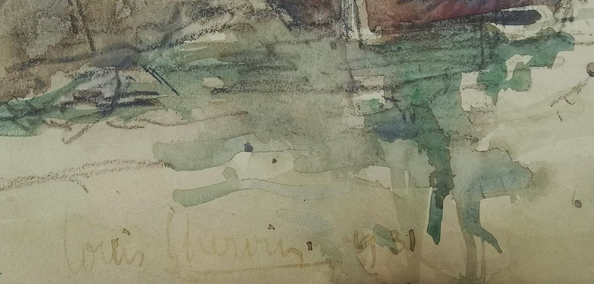 Aquarelle de Louis Chervin (1905-1969), Port Normand Animé de Bateaux et Personnages, Signée-photo-2