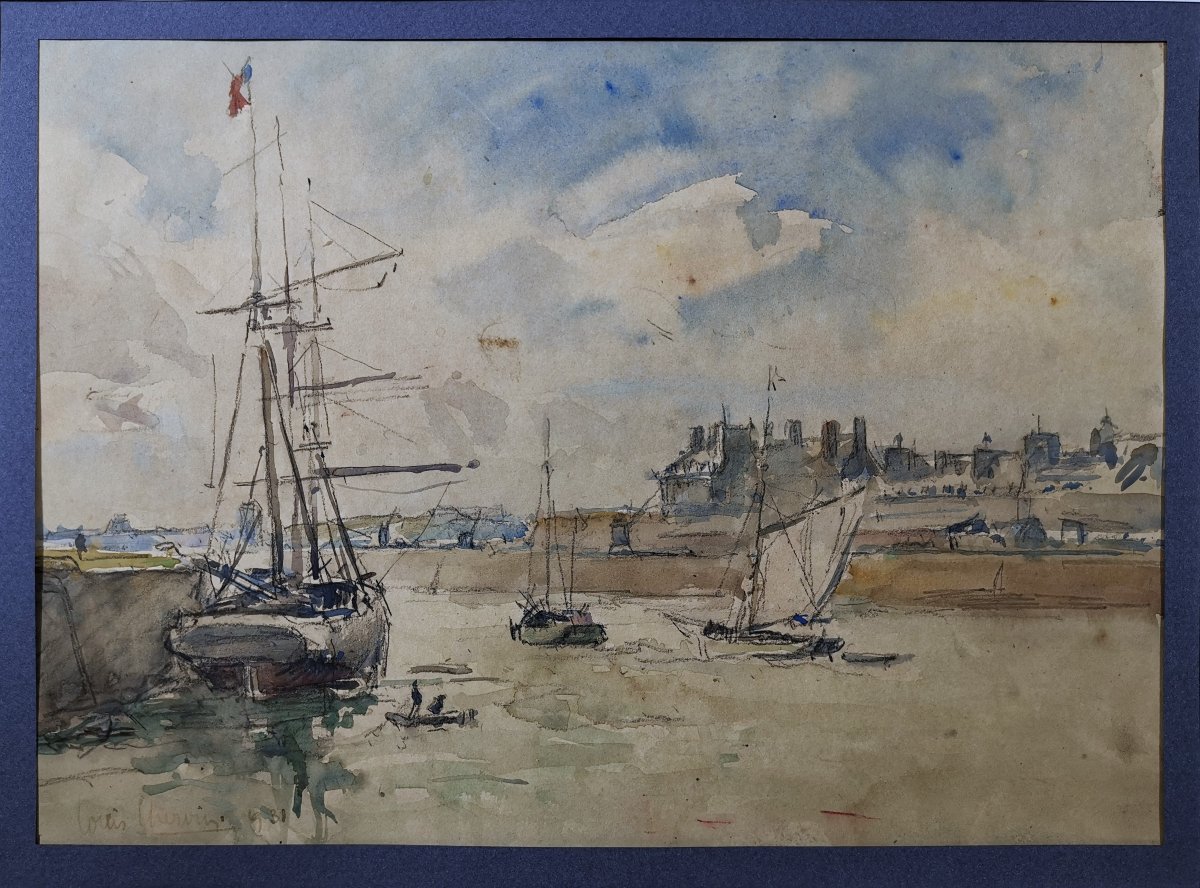 Aquarelle de Louis Chervin (1905-1969), Port Normand Animé de Bateaux et Personnages, Signée-photo-3