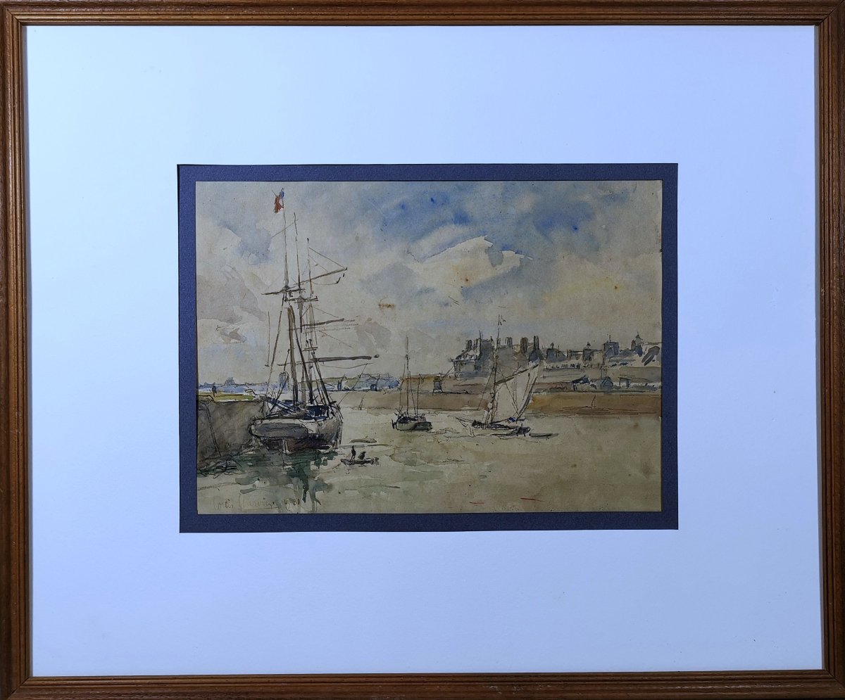 Aquarelle de Louis Chervin (1905-1969), Port Normand Animé de Bateaux et Personnages, Signée