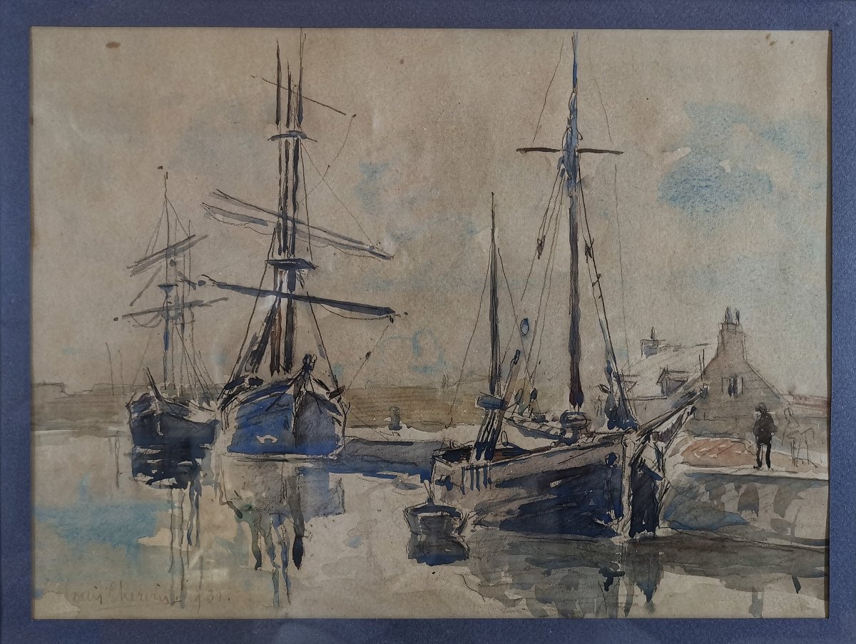Watercolour By Louis Chervin (1905–1969), ‘port Normand’ Or ‘harbour Busy With Sailing Ships’-photo-2