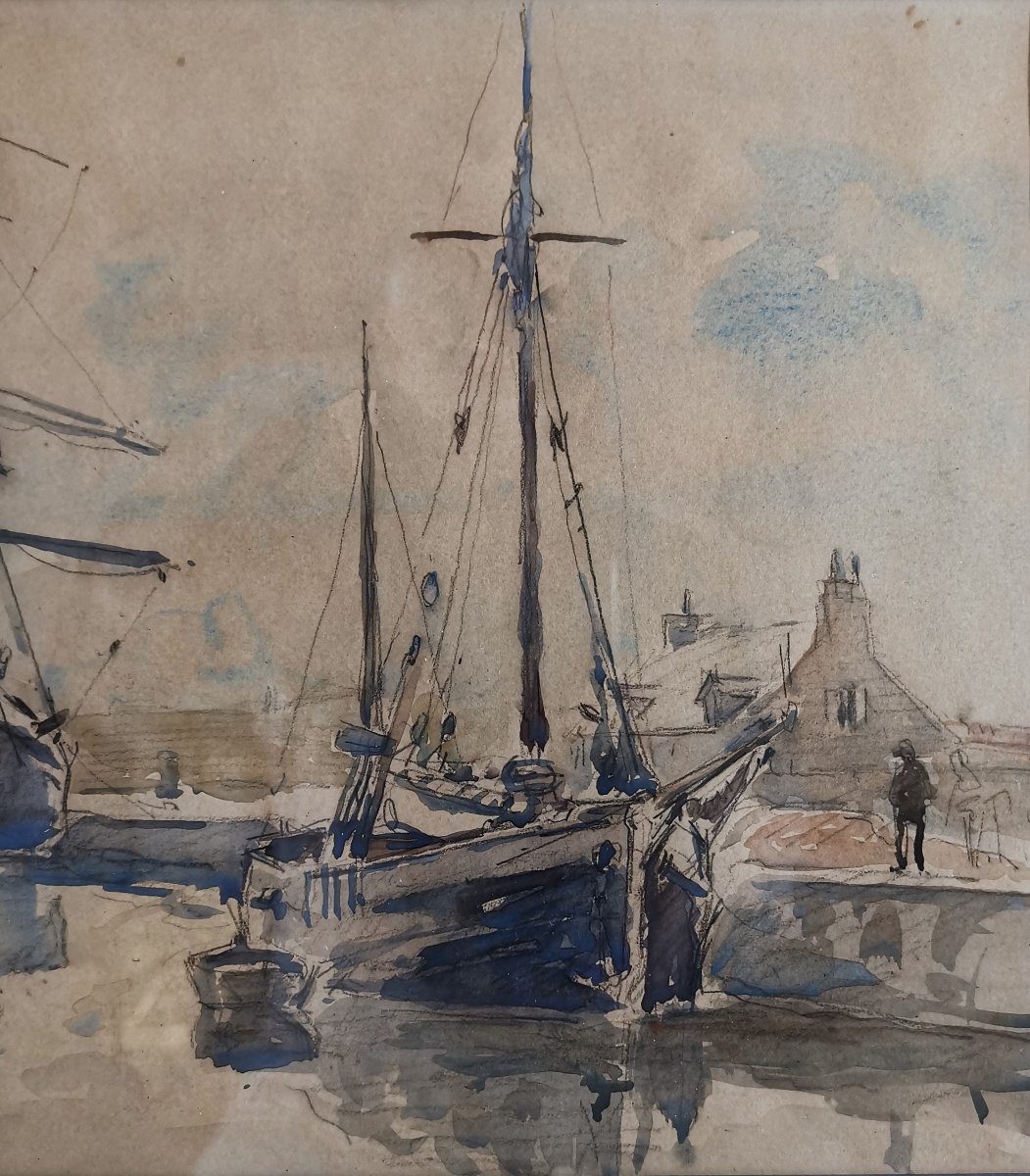 Watercolour By Louis Chervin (1905–1969), ‘port Normand’ Or ‘harbour Busy With Sailing Ships’-photo-3