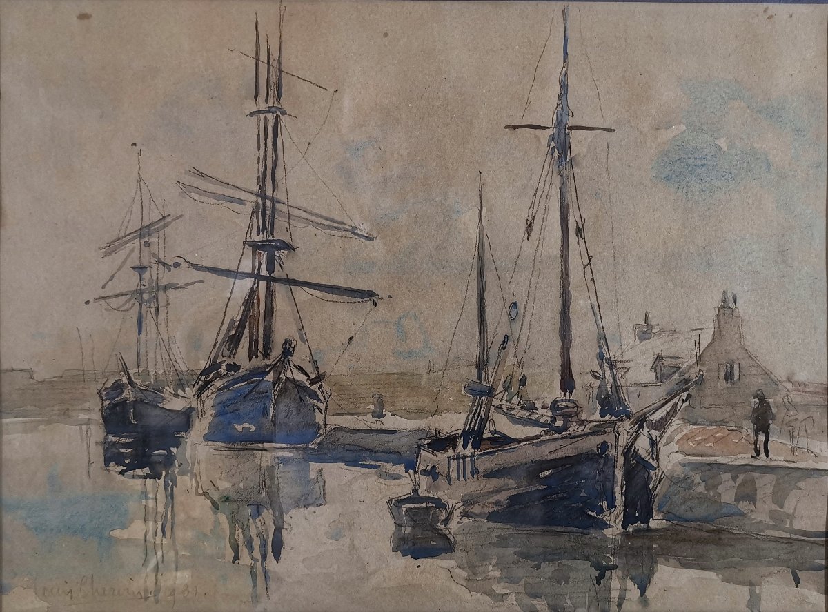 Watercolour By Louis Chervin (1905–1969), ‘port Normand’ Or ‘harbour Busy With Sailing Ships’-photo-4
