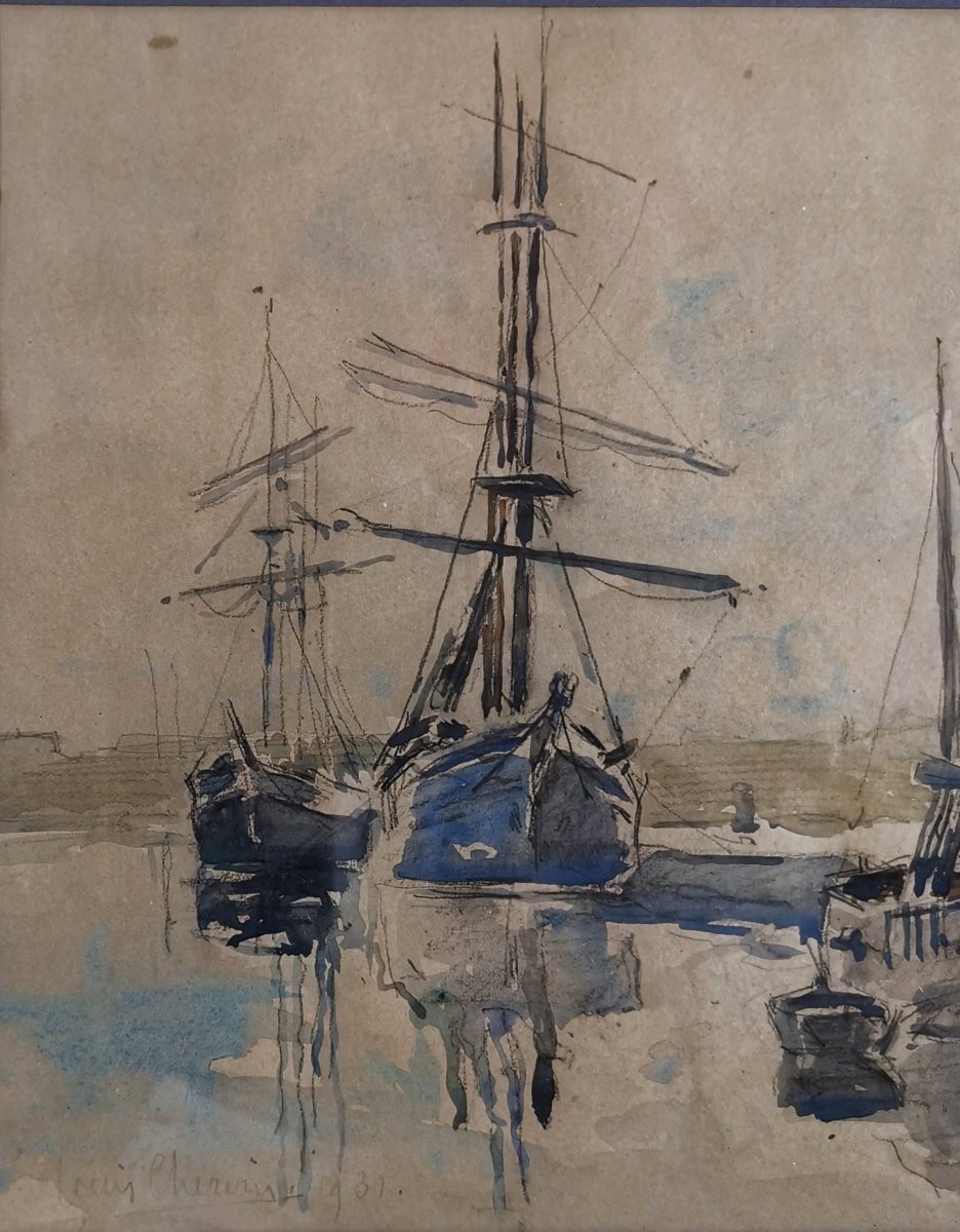 Watercolour By Louis Chervin (1905–1969), ‘port Normand’ Or ‘harbour Busy With Sailing Ships’-photo-1