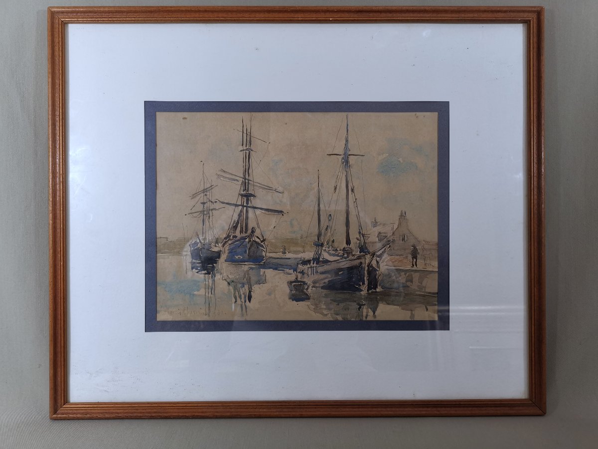 Watercolour By Louis Chervin (1905–1969), ‘port Normand’ Or ‘harbour Busy With Sailing Ships’-photo-2