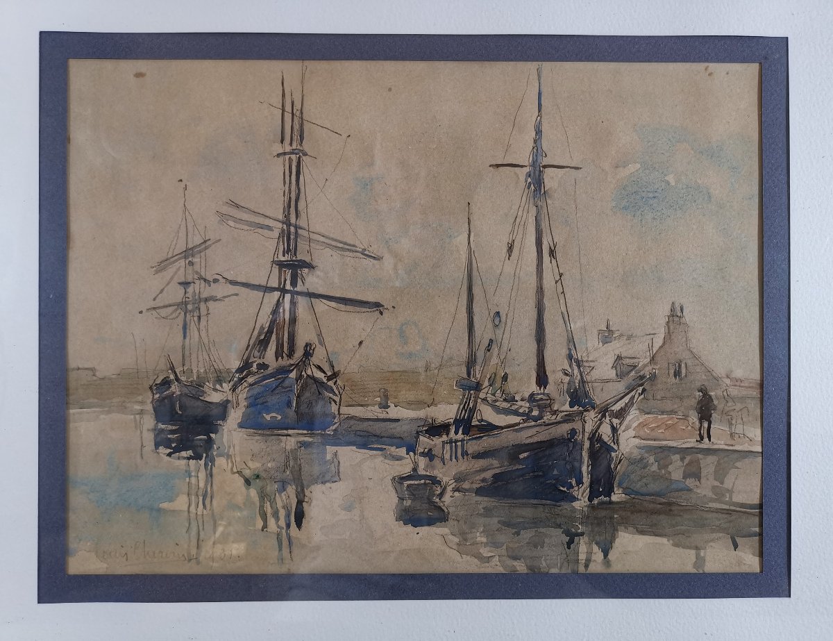 Watercolour By Louis Chervin (1905–1969), ‘port Normand’ Or ‘harbour Busy With Sailing Ships’-photo-3